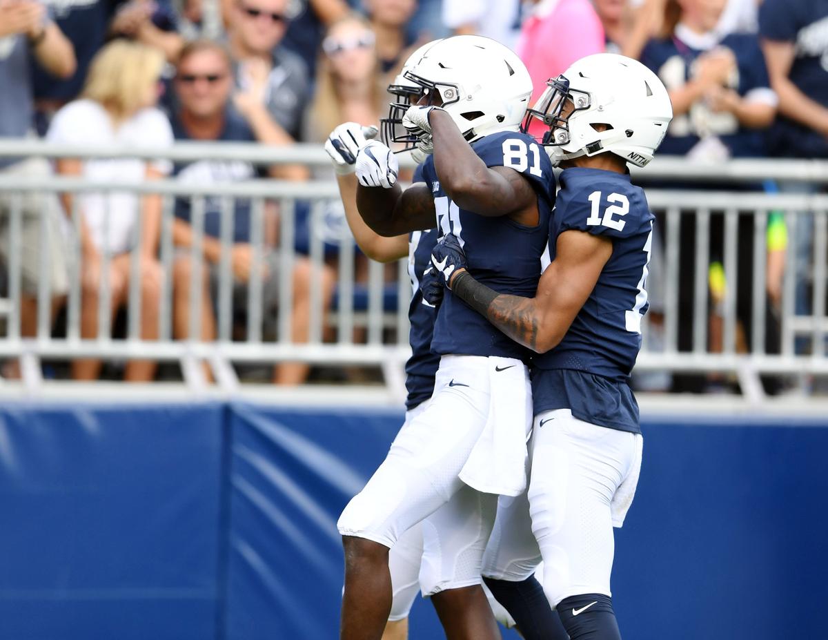Penn State wide receiver Cam Sullivan-Brown celebrates scoring a touchdown during a game against Kent State Saturday, Sept. 15, 2018 at Beaver Stadium.
