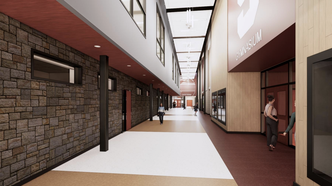 This rendering shows a main corridor inside the planned Park Forest Middle School.