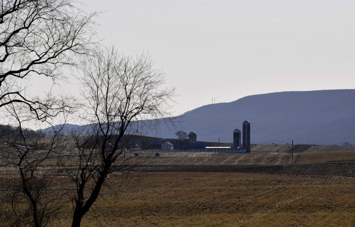 Cellphone and a 911 tower can be seen in the distance on Centre Hall Mountain over the farmland of Madisonburg.