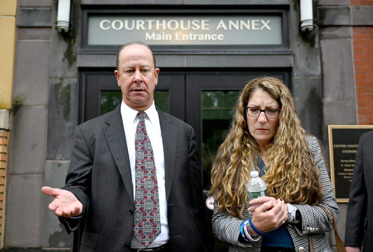 Jim and Evelyn Piazza, the parents of Timothy Piazza, leave the Centre County Courthouse annex after the sentencing for two of the Beta Theta Pi fraternity brothers on Tuesday, Oct. 1, 2024.