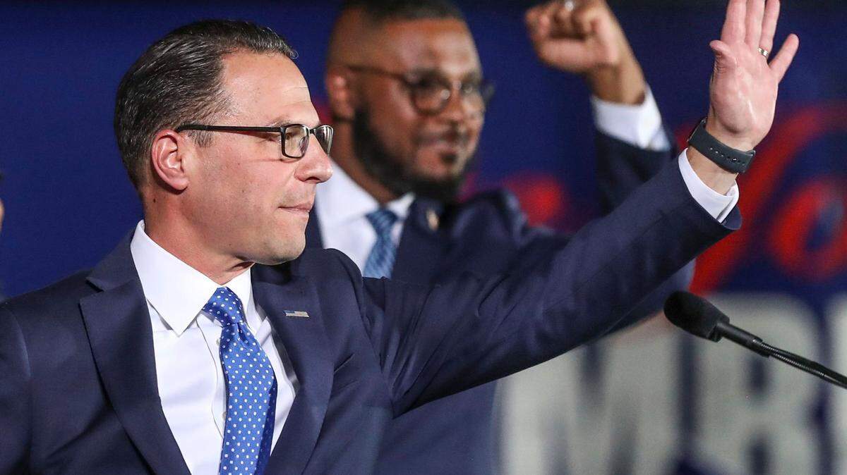 Pennsylvania’s next governor Josh Shapiro is joined by future Lt. Gov. Austin Davis after Shapiro’s victory night speech.
