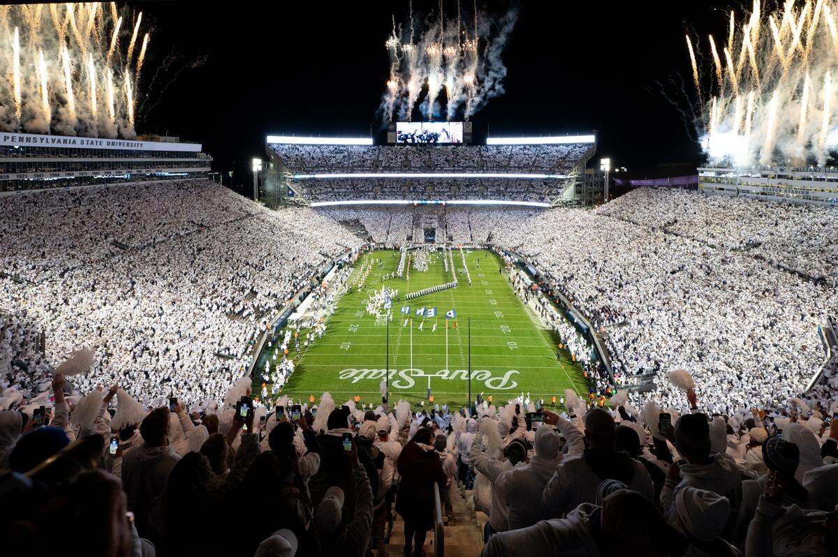 Fans cheer as fireworks go off during the football game at Beaver Stadium on Saturday, Nov. 9, 2024. 