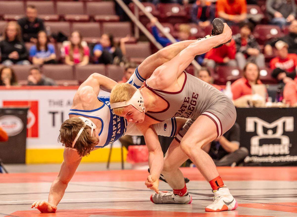 State College’s Pierson Manville tries to escape from Hempfield Area’s Briar Priest in their 138-pound title match of the PIAA Class 3A Championships on Saturday, March 12, 2022 at Giant Center in Hershey. Manville edged Priest, 5-4, in ultimate tie breaker No. 2 to earn his first PIAA crown.
