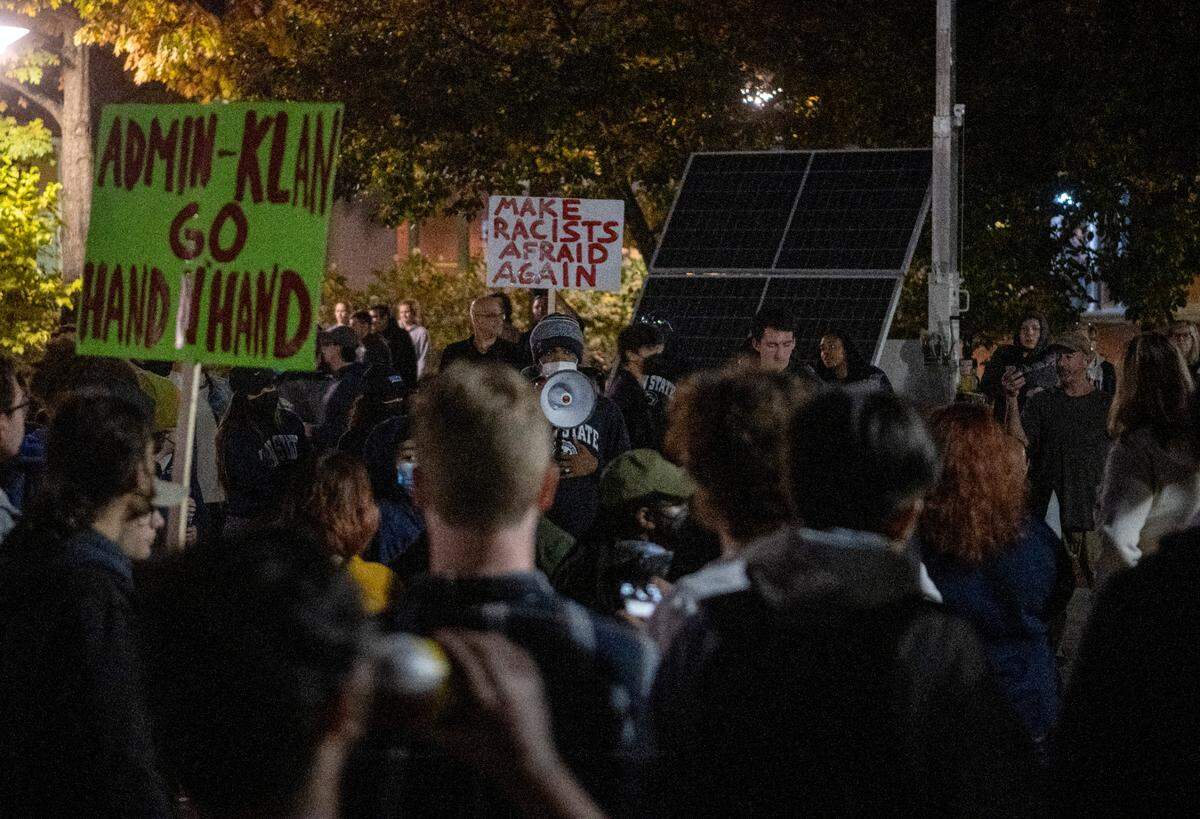 Protesters gather outside of the Thomas Building on the Penn State campus where an event by the Proud Boys founder was to take place on Monday, Oct. 24, 2022.