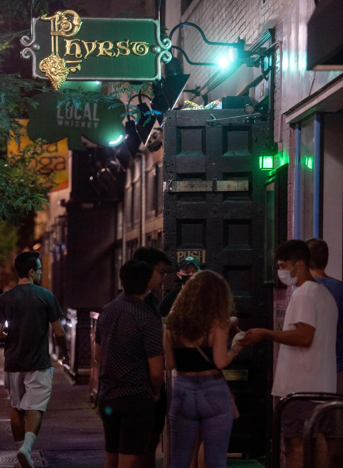 Several patrons wait in line at the Phyrst on Saturday, July 11, 2020.