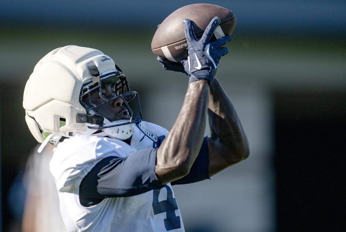 Penn State wide receiver Tyseer Denmark makes a catch during practice on Wednesday, Sept. 3, 2025.  