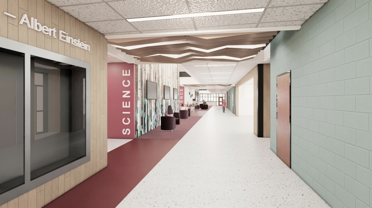 This rendering shows a hallway inside the new Park Forest Middle School.