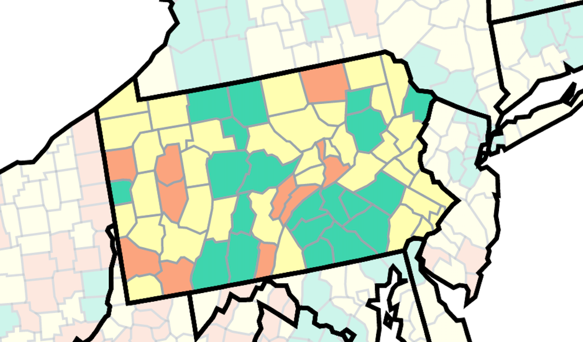 This map of Pennsylvania from the U.S. Centers for Disease Control and Prevention shows COVID-19 community levels by county as of Sept. 2. Counties in orange are at high level, yellow at medium and green and low.