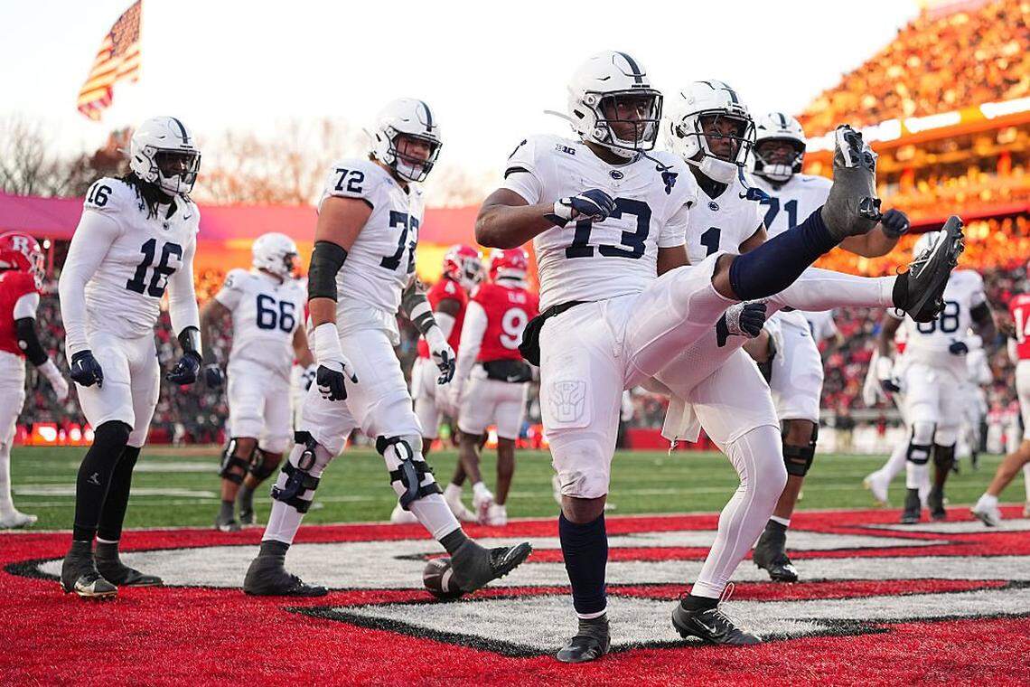 Penn State running back Kaytron Allen (13) reacts after running for a touchdown against the Rutgers Scarlet Knights in the first half at SHI Stadium on Nov. 29, 2025, in Piscataway, New Jersey. Penn State defeated Rutgers 40-36.