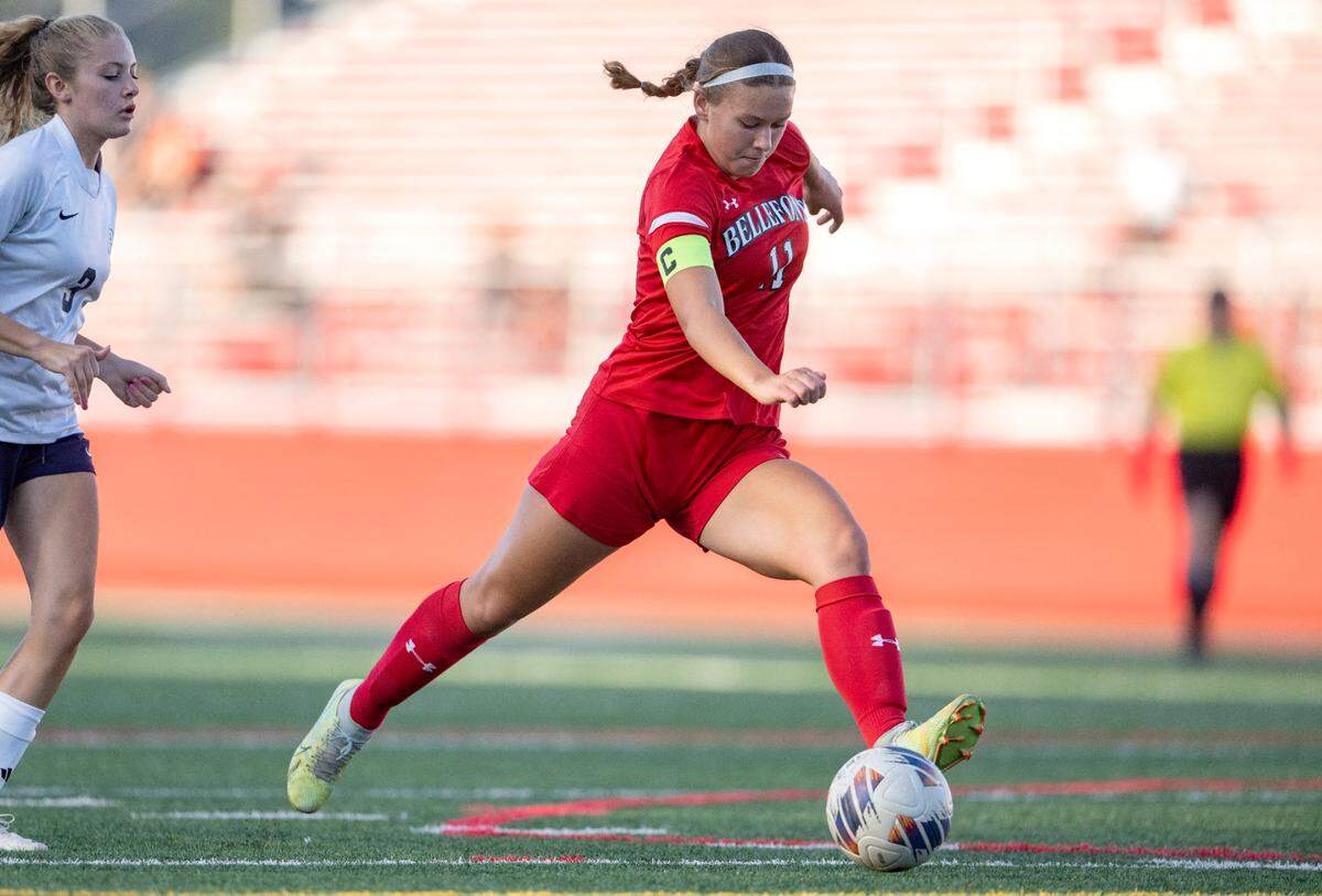 Bellefonte’s Annie Cernuska takes a shot on goal during the game against Philipsburg-Osceola on Wednesday, Sept. 13, 2023.