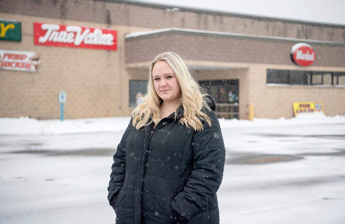 Cheyenne Thompson stands in front of the old Hall’s Market in Snow Shoe on Jan. 28. Thompson worked at the market off and on before it closed, and now finds grocery shopping can be challenging.