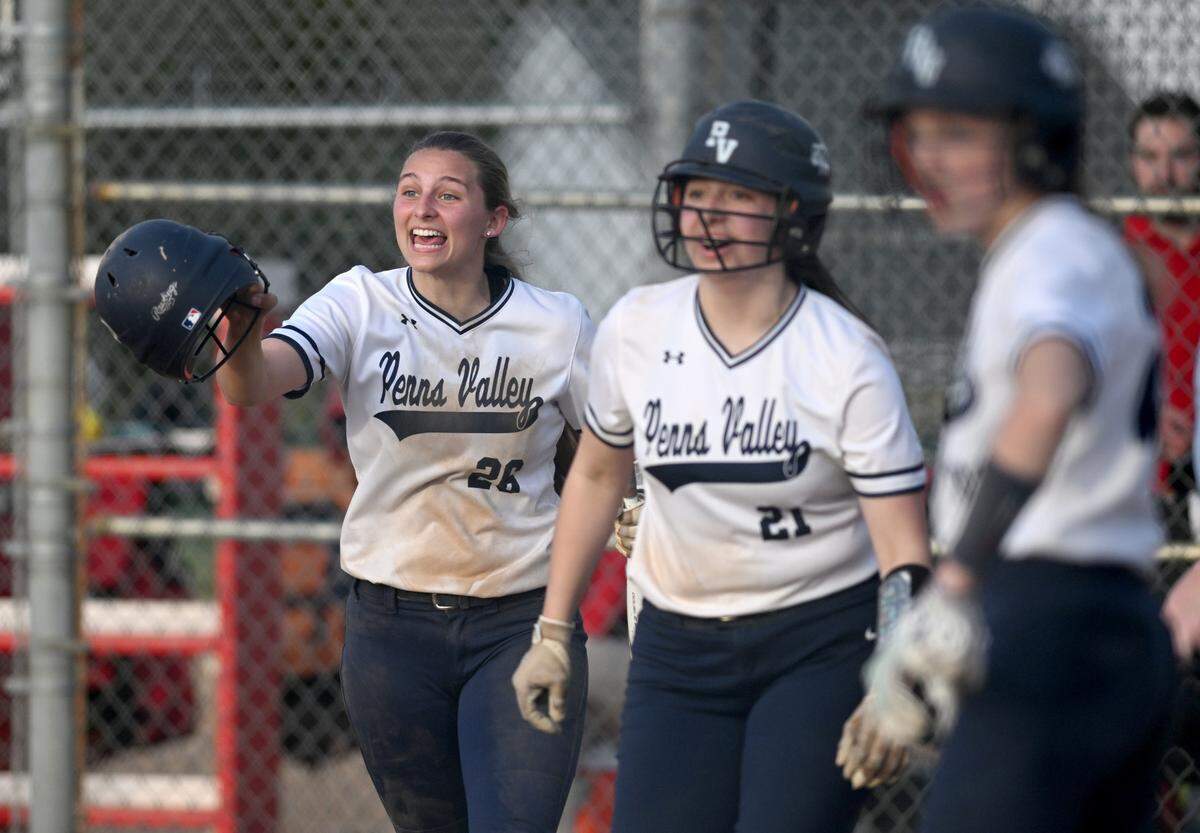 Penns Valley’s Noelle Webb yells to teammate Haddley Stover who got a hit that scored two runs in the game against Bellefonte on Tuesday, April 4, 2023.