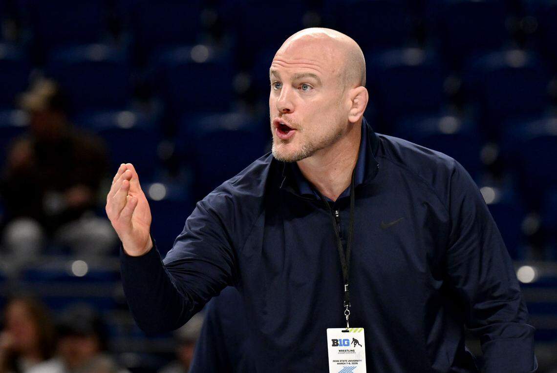 Penn State wrestling coach Cael Sanderson yells to Cole Mirasola during his semifinal bout at the Big Ten wrestling championships on Saturday, March 7, 2026 at the Bryce Jordan Center. 