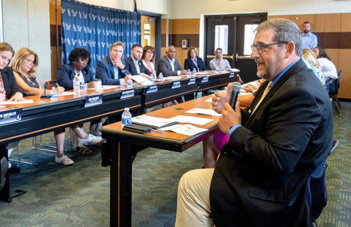 Bald Eagle Area School District director of elementary James Orichosky speaks to the PA Democratic Policy Committee members during the roundtable to Save Our Schools on Wednesday, Aug. 2, 2023 at Bald Eagle Area High School.