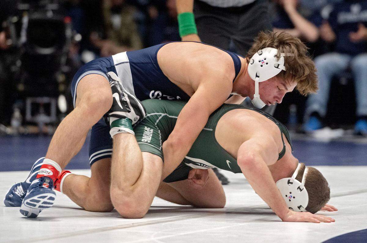 Penn State’s Tyler Kasak controls Michigan State’s Braden Stauffenberg in the 157 lb bout of the match on Friday, Jan. 10, 2025 in Rec Hall. Kasak won by fall.