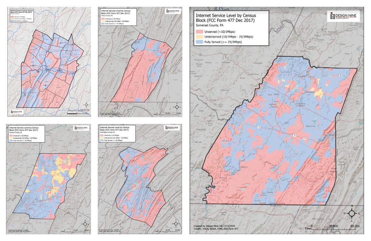A report prepared for the Southern Alleghenies Planning & Development Commission shows the areas of each county deemed “unserved” based on federal data from 2017. Other estimates suggest the real number of unserved residents could be twice as high. In the maps shown, pink areas are “unserved,” yellow areas are “underserved,” and blue areas are “fully served.”