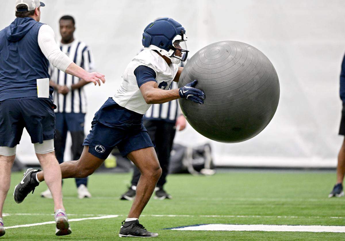 Penn State safety Marcus Neal Jr. runs a drill during spring practice on Thursday, March 26, 2026.  