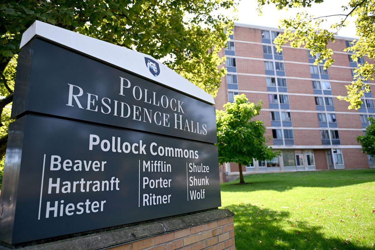 A sign outside of the Pollock Residence Halls with Ritner Hall in the distance at Penn State on Tuesday, Sept. 3, 2024.