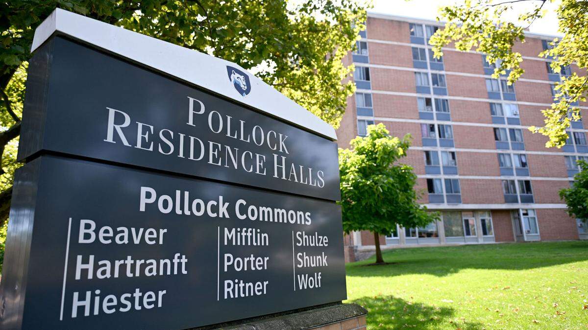A sign outside of the Pollock Residence Halls with Ritner Hall in the distance at Penn State on Tuesday, Sept. 3, 2024.  