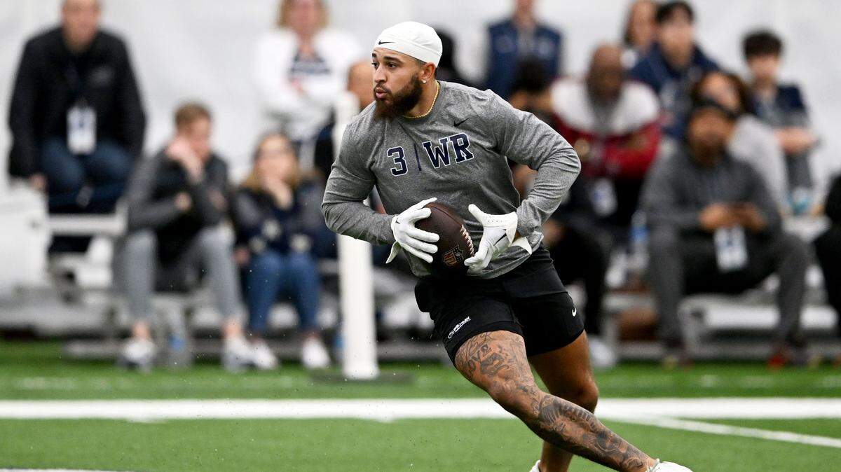 Julian Fleming makes a catch during Penn State football’s pro day on Friday, March 28, 2025.  