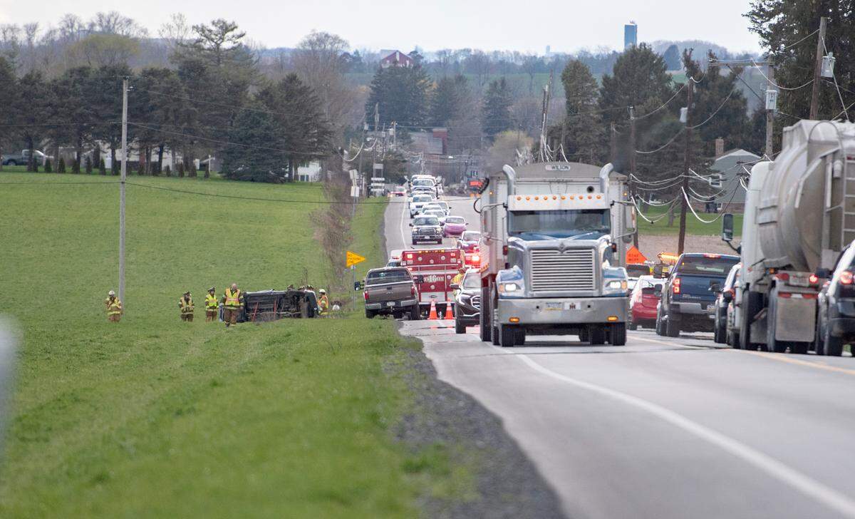 Traffic is backed up on state Route 64 on Tuesday following a crash between an all-terrain vehicle and another vehicle.