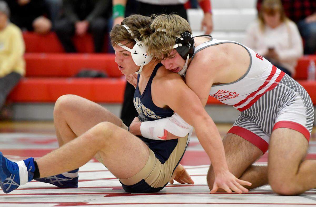 Bellefonte’s Addison Shawley controls Bald Eagle Area’s Matthew Knepp in the 215 lb bout of the match on Tuesday, Dec. 14, 2021. Shawley won by decision, 7-3.