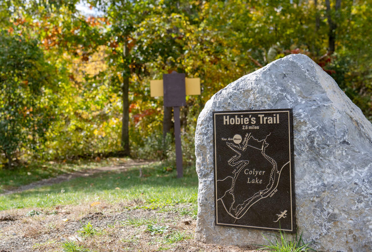 A map of Hobie’s Trail, the 2.6 mile trail that circles Colyer Lake from the Lingle Road parking lot on Friday, Oct. 14, 2022.