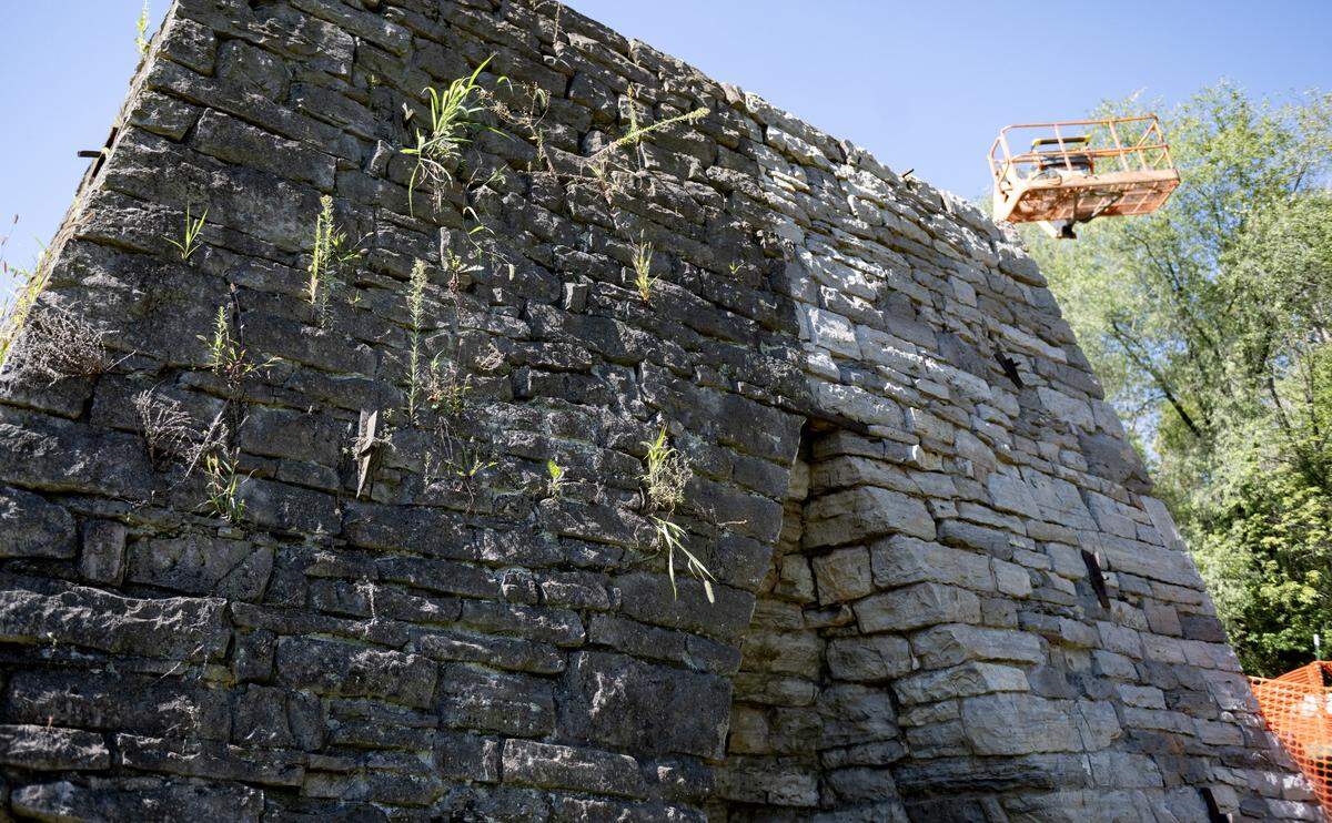 A portion of the Centre Furnace stack has already been cleaned on Wednesday, Sept. 3, 2025. Restoration includes removing of weeds, cleaning and mortar replacement. 