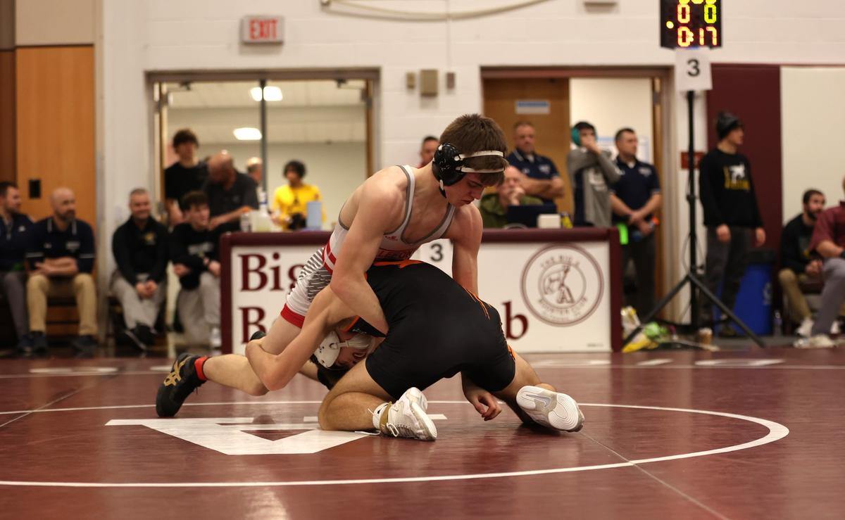Bellefonte’s Ezra Swisher fights off a shot attempt from Tyrone’s Remington Fleck in their 139-pound consolation quarterfinals match of the PIAA Class 2A Southwest Regional Championships on Saturday, March 2, 2024 in Altoona. Swisher pinned Fleck in 4:23 to secure his first trip to Hershey.
