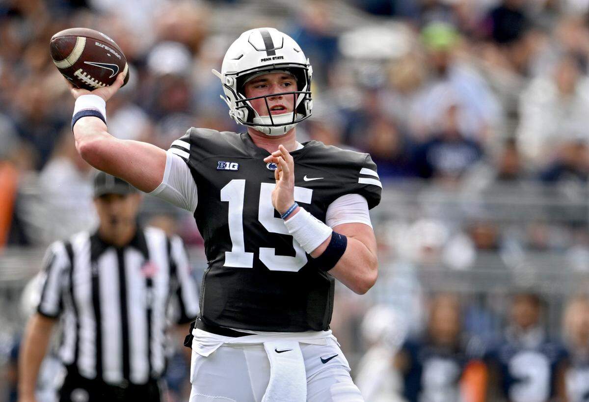 Quarterback Drew Allar makes a pass during the Penn State Blue-White game on Saturday, April 15, 2023.