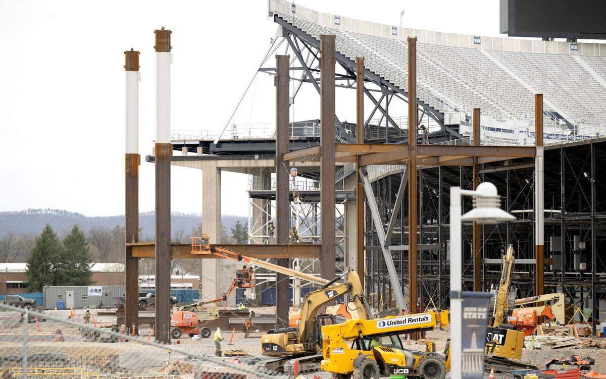 New beams are being installed as construction on the west side of Beaver Stadium continues on Wednesday, April 2, 2025.