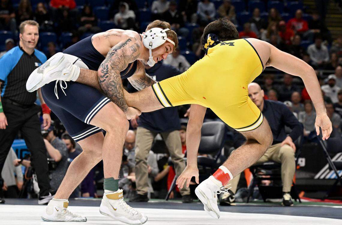 Penn State's Rocco Welsh pulls in Michigan’s Brock Mantanona in a 184-pound semifinal bout at the Big Ten wrestling championships on Saturday, March 7, 2026 at the Bryce Jordan Center.