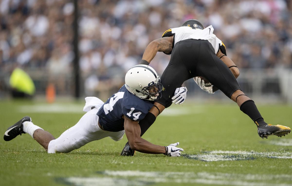 Penn State cornerback Zech McPhearson trips up Appalachian State wide receiver Jalen Virgil during the Saturday, Sept. 1, 2018 game at Beaver Stadium.