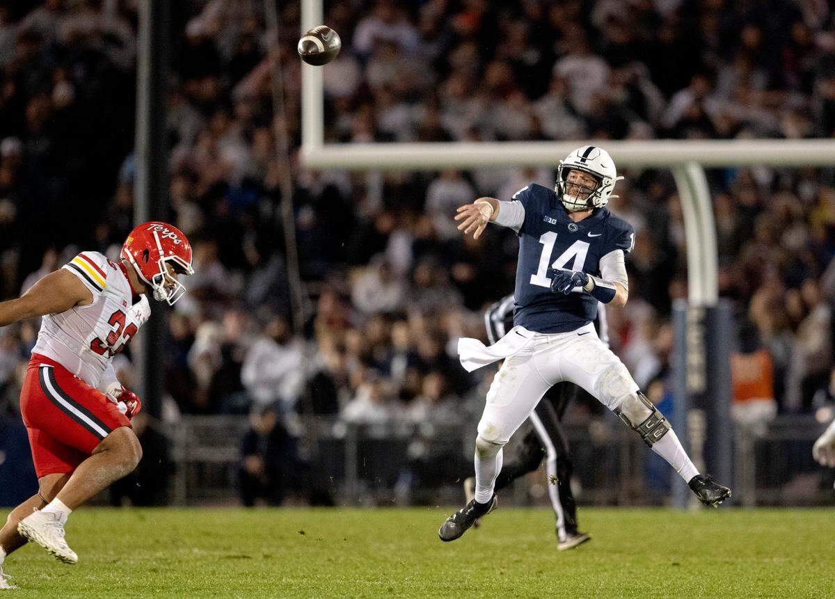 Penn State quarterback Sean Clifford makes a pass during the game against Maryland on Saturday, Nov. 12, 2022.