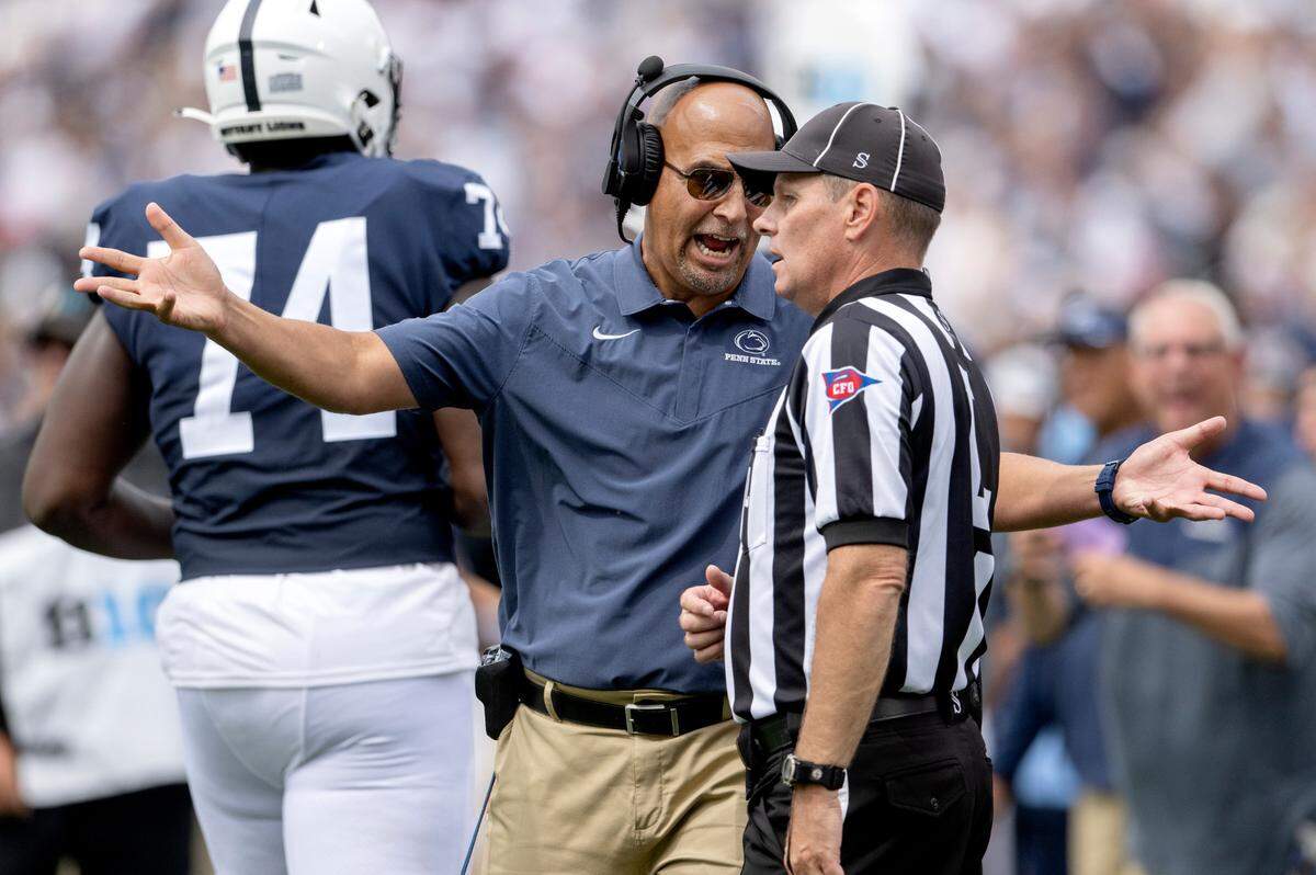 Penn State football coach James Franklin questions the referee during the game against Ohio on Saturday, Sept. 10, 2022.