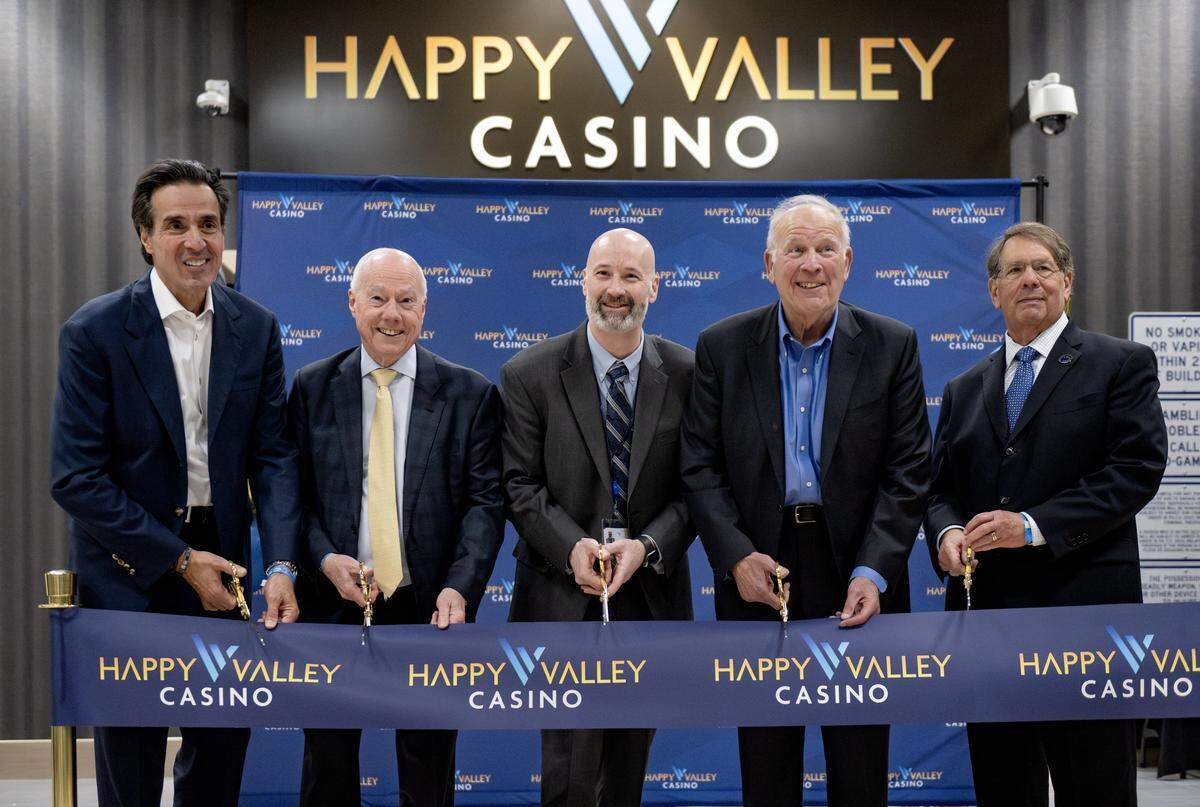 Ara Kervandjian, Bob Poole, Eric Pearson, Ira Lubert and Richard S. Sokolov pose for a photo at the ribbon cutting for the Happy Valley Casino on Friday, May 8, 2026. 