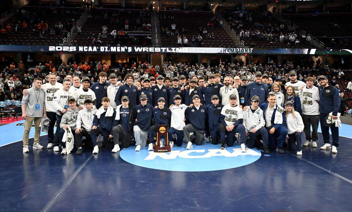 The Penn State wrestling team celebrates winning the team title at the NCAA wrestling championships on Saturday, March 21, 2026.