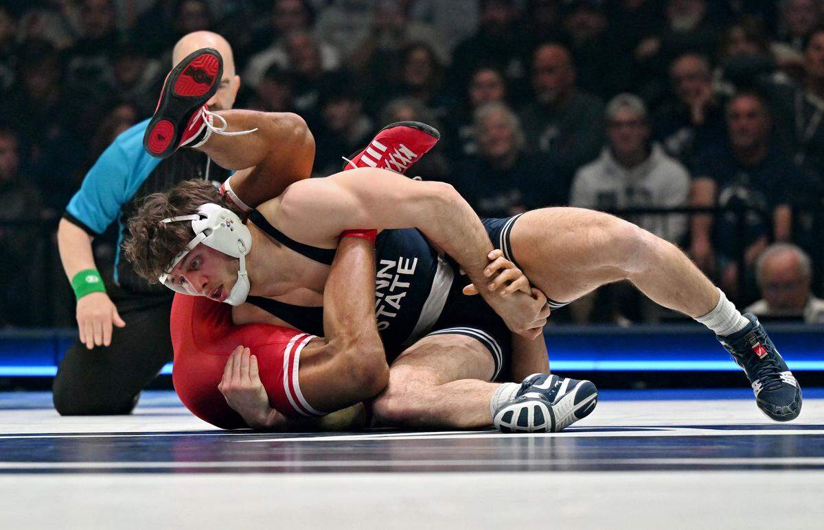 Penn State’s Levi Haines wrestles Nebraska’s Christopher Minto in the 174 lb bout of the match on Friday, Jan. 30, 2026.