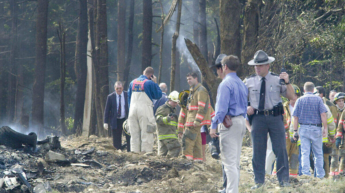 First responders work at the site of the crash of United Airlines Flight 93 near Shanksville on Sept. 11, 2001.