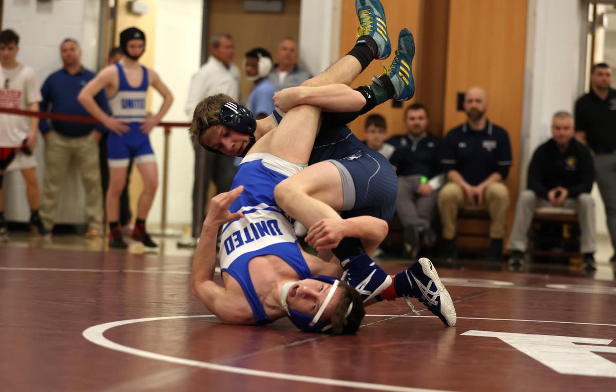 Penns Valley’s Erik Carlile controls United’s Jacob Sombronski in their 114-pound consolation quarterfinals match of the PIAA Class 2A Southwest Regional Championships on Saturday, March 2, 2024 in Altoona. Carlile beat Sombronski, 2-1, to secure his spot in Hershey.