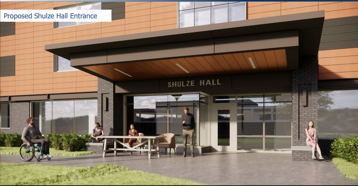Penn State trustees are expected to approve the next phase of renovations at Pollock Halls, which includes Shulze and Hiester. This rendering shows the proposed Shulze Hall entrance.