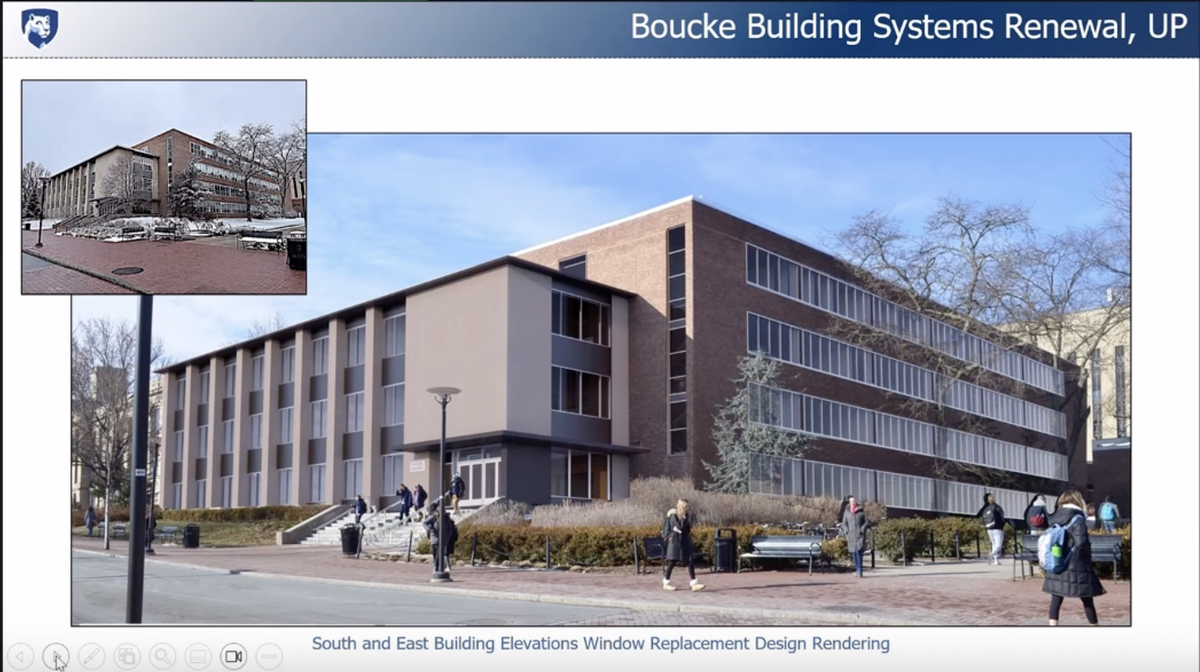 Penn State trustees are considering a $19.4 million project to replace HVAC systems, windows, fire alarms and selective domestic water. This rendering shows the design of the window replacement on the south and east building elevations.
