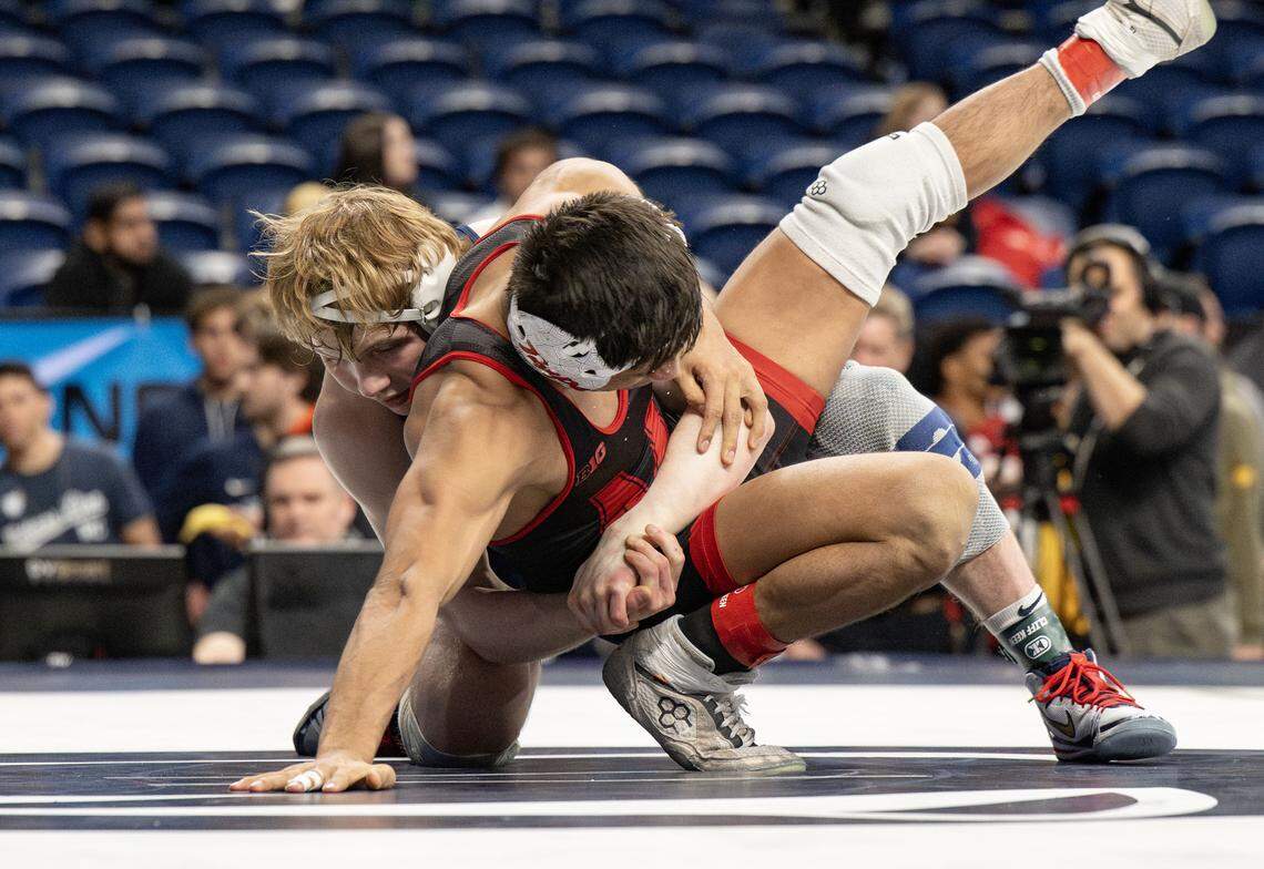 Penn State's Braeden Davis controls Maryland’s Dario Lemus in a 141-pound first round bout of the Big Ten wrestling championships on Saturday, March 7, 2026 at the Bryce Jordan Center.