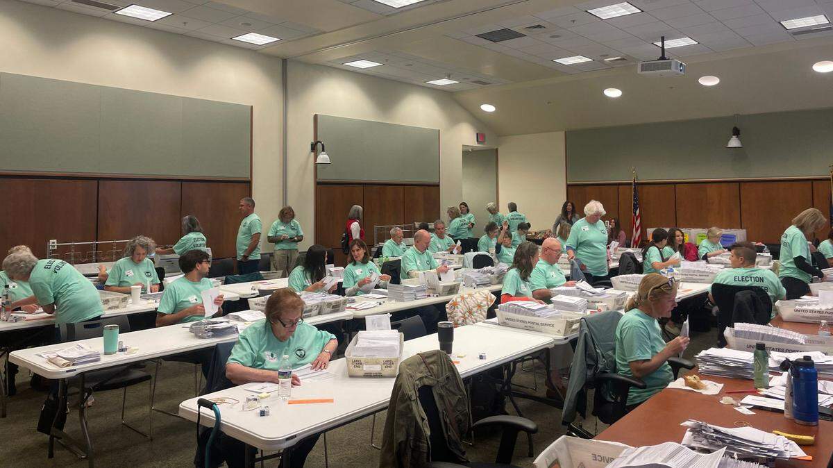 Poll workers process mail ballots in Lancaster County on Nov. 8, 2022.