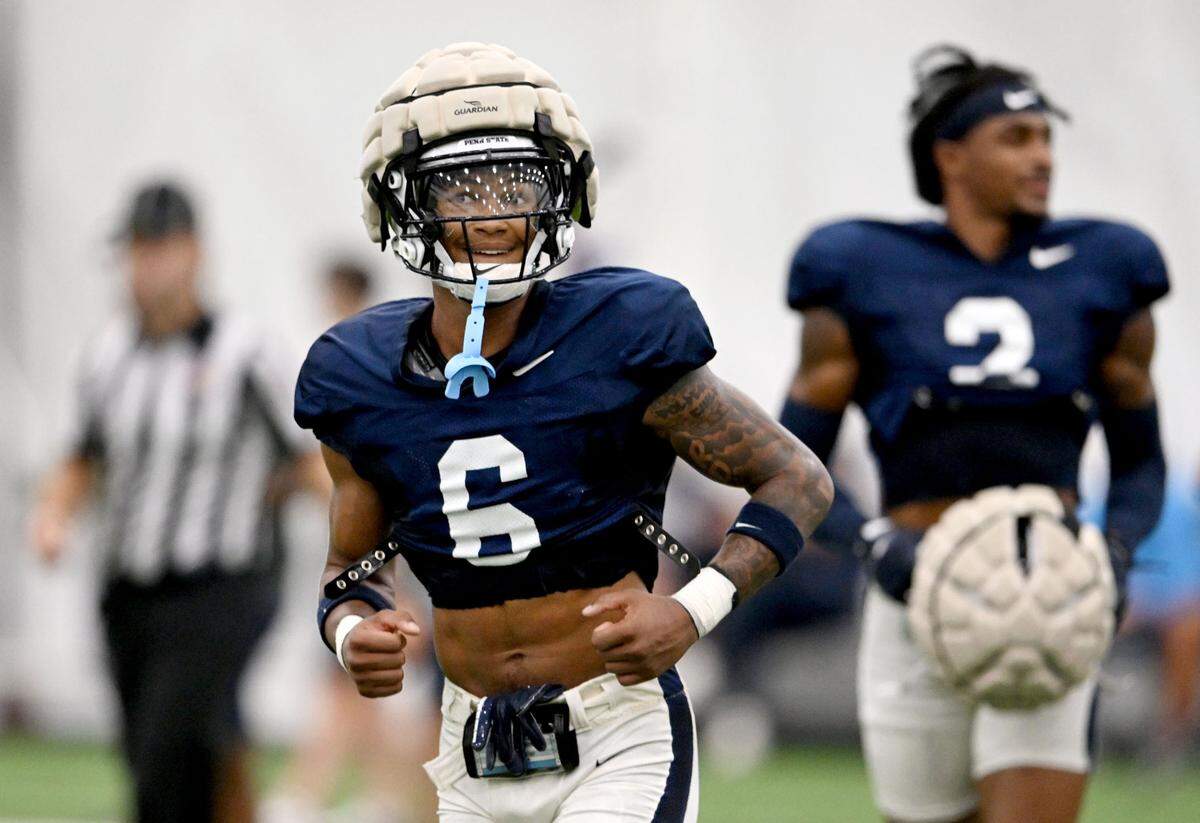 Penn State safety Zakee Wheatley jogs between drills at practice on Saturday, Aug. 3, 2024.