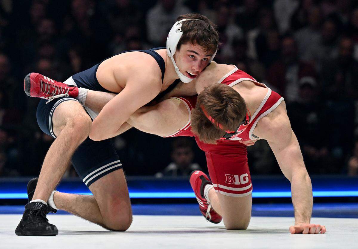 Penn State’s Luke Lilledahl controls Nebraska’s Alan Koehler in the 125lb bout of the match on Friday, Jan. 30, 2026.