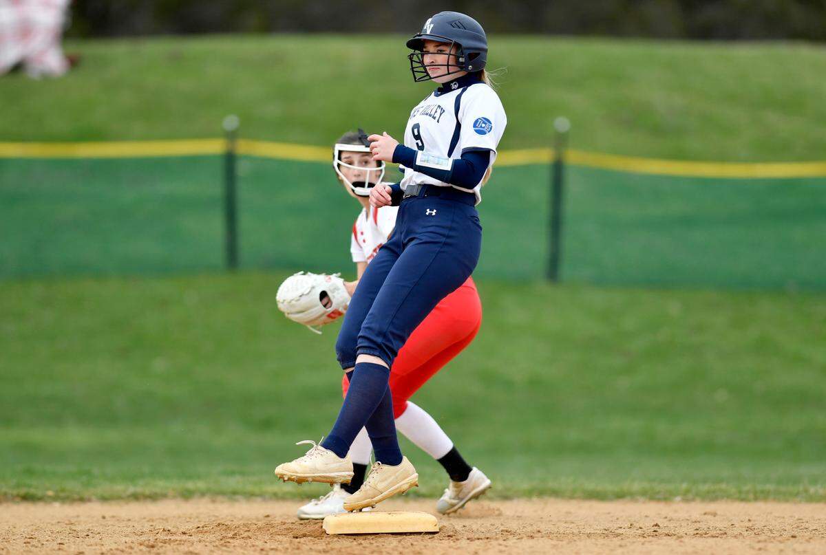 Penns Valley’s Kailen Winkelblech hits a double during the game against Bellefonte on Monday, April 4, 2022.