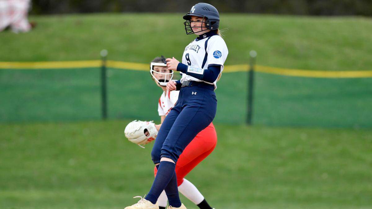 Penns Valley’s Kailen Winkelblech hits a double during the game against Bellefonte on Monday, April 4, 2022.