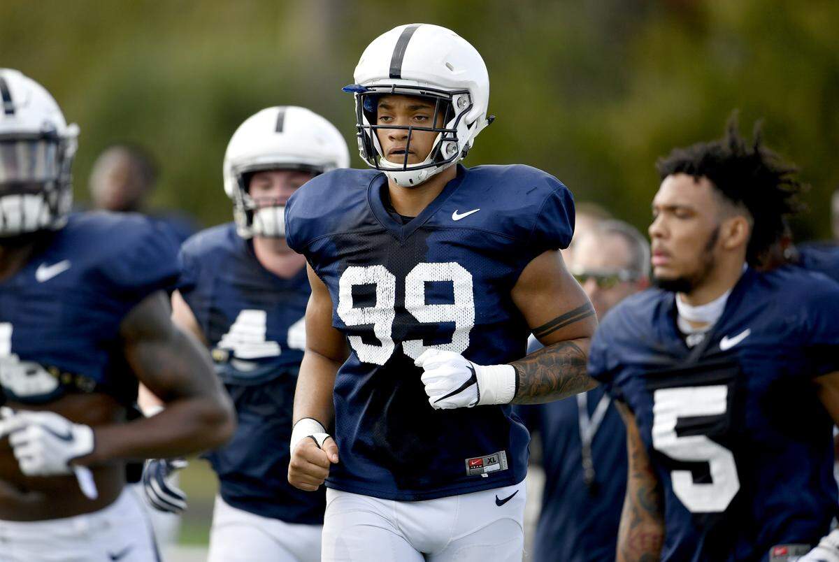 Penn State defensive end Yetur Gross-Matos jogs with his teammates to another drill during practice on Saturday, Dec. 29, 2018. Penn State football is practicing for the Citrus Bowl against Kentucky.