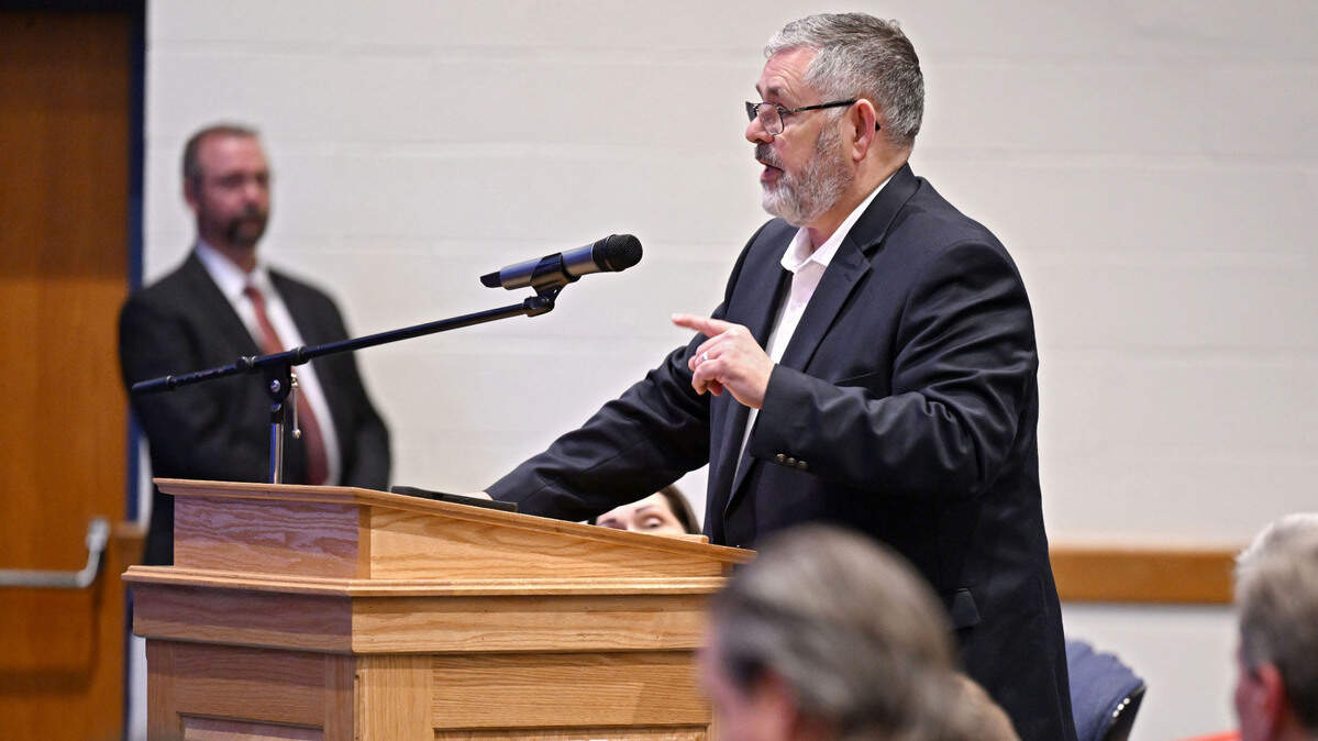 State Sen. Cris Dush, R-Brookville, speaks about keeping SCI Rockview open during the Pennsylvania Department of Corrections public hearing on the proposed closure of the facility on Tuesday, April 15, 2025 in auditorium of Bald Eagle Area High School/Middle School. 